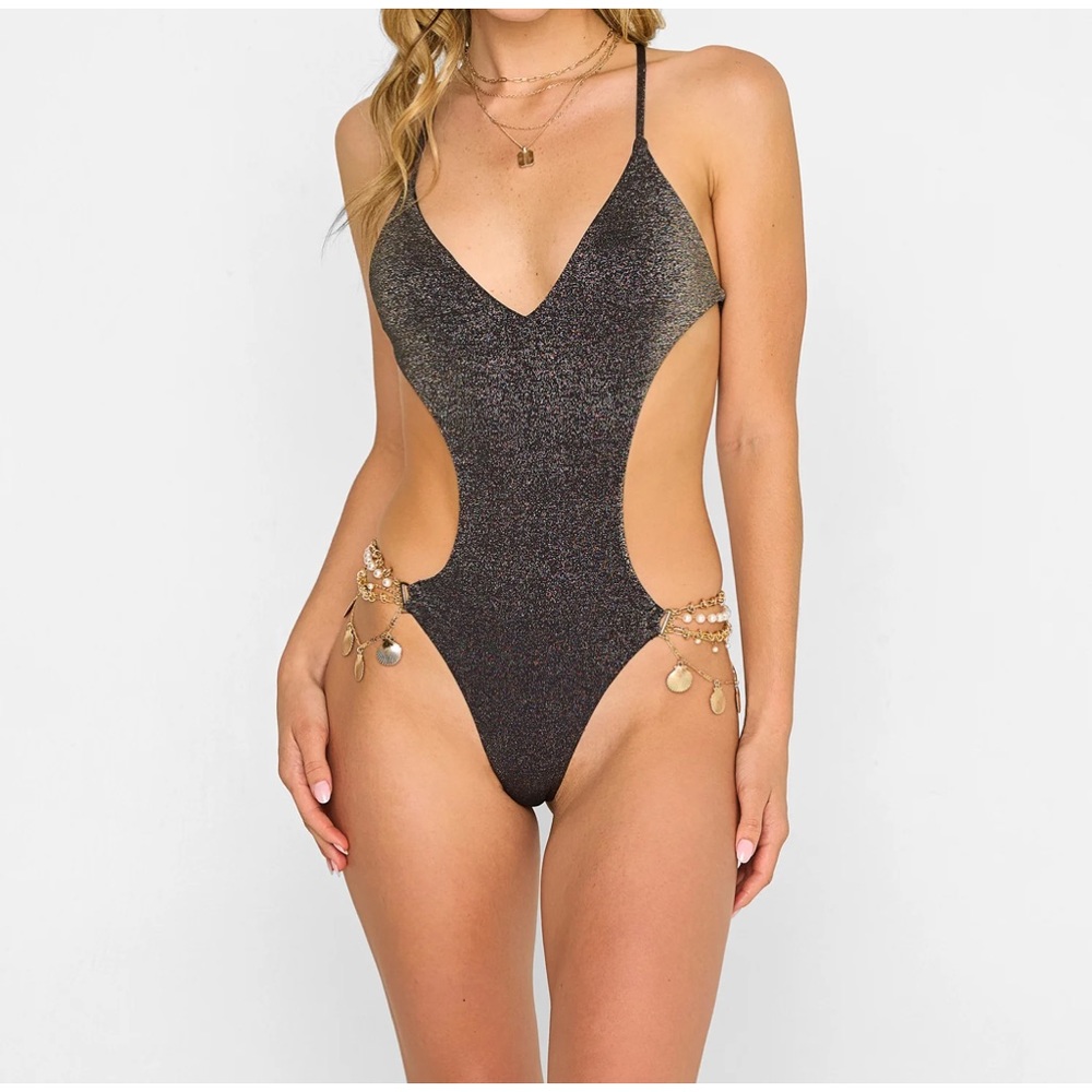 Beach bunny shimmer one piece monokini cascading chains shells pearls sz medium